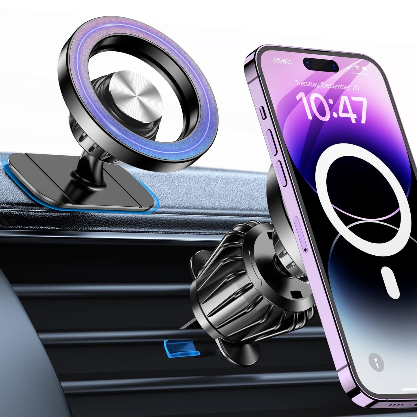 Kaistyle Soporte de coche Magsafe con 20 imanes fuertes: soporte magnético para teléfono de coche, soporte de montaje en tablero【360°】Soportes de teléfono celular para tu automóvil, accesorios para