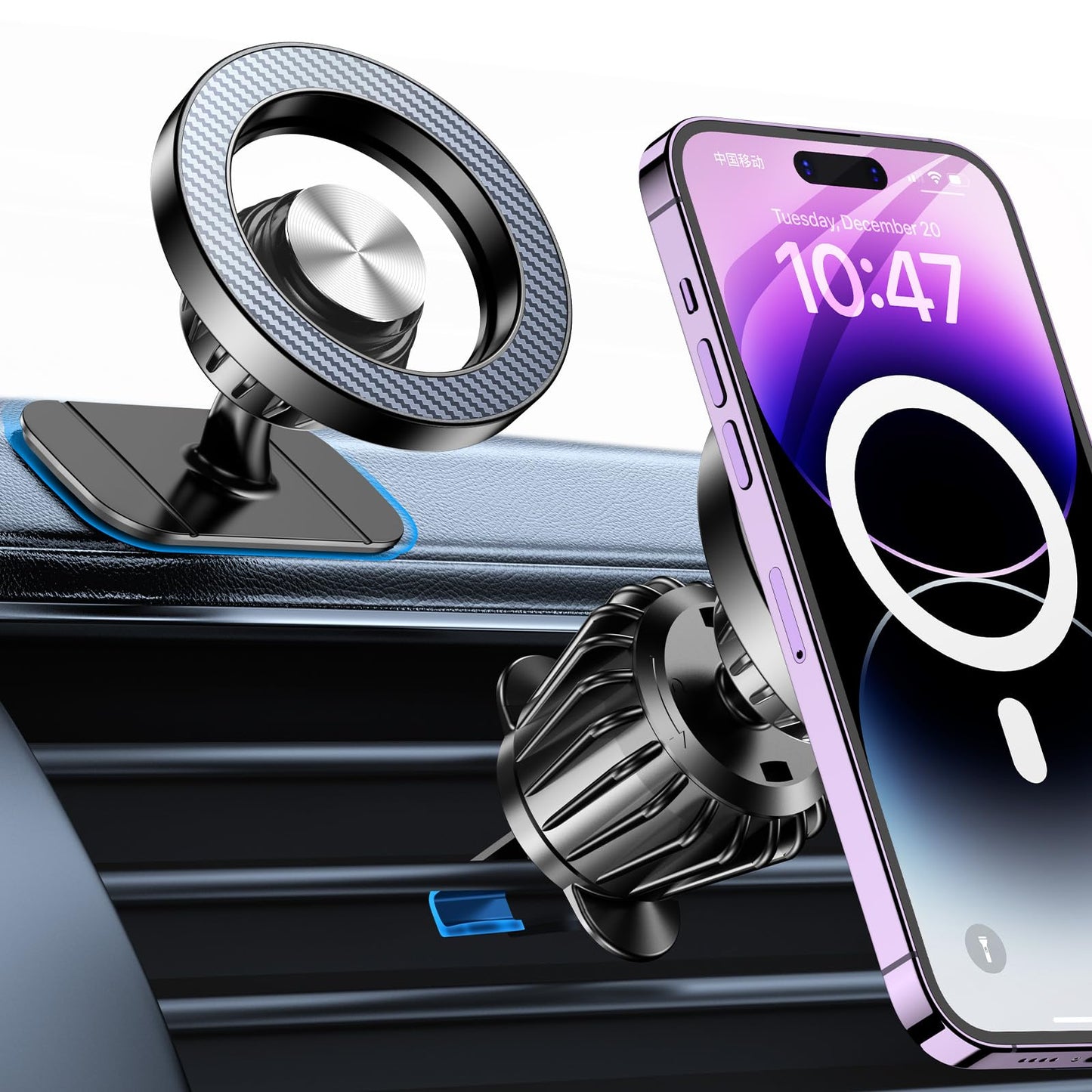 Kaistyle Soporte de coche Magsafe con 20 imanes fuertes: soporte magnético para teléfono de coche, soporte de montaje en tablero【360°】Soportes de teléfono celular para tu automóvil, accesorios para