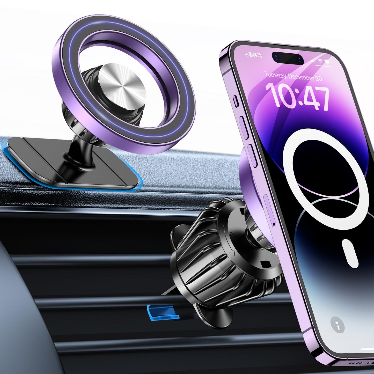 Kaistyle Soporte de coche Magsafe con 20 imanes fuertes: soporte magnético para teléfono de coche, soporte de montaje en tablero【360°】Soportes de teléfono celular para tu automóvil, accesorios para