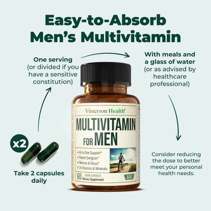 Multivitamin for Men - Daily Mens Multivitamins & Multiminerals with Vitamin D, Vitamin C, B12 Zinc & More. Essential Vitamins for Men for Energy, Focus, Stamina, Performance, Mens Health. 60 Capsules
